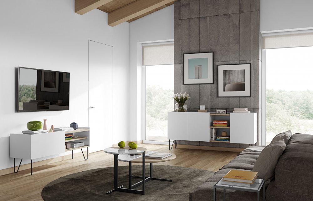 Meuble TV design NINA  Chêne clair et blanc